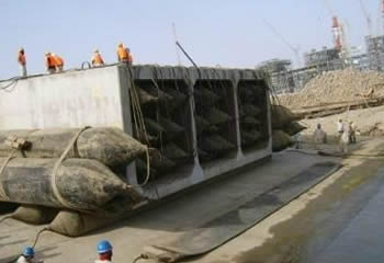 Several marine airbags are used to lift, moving and floating caissons.